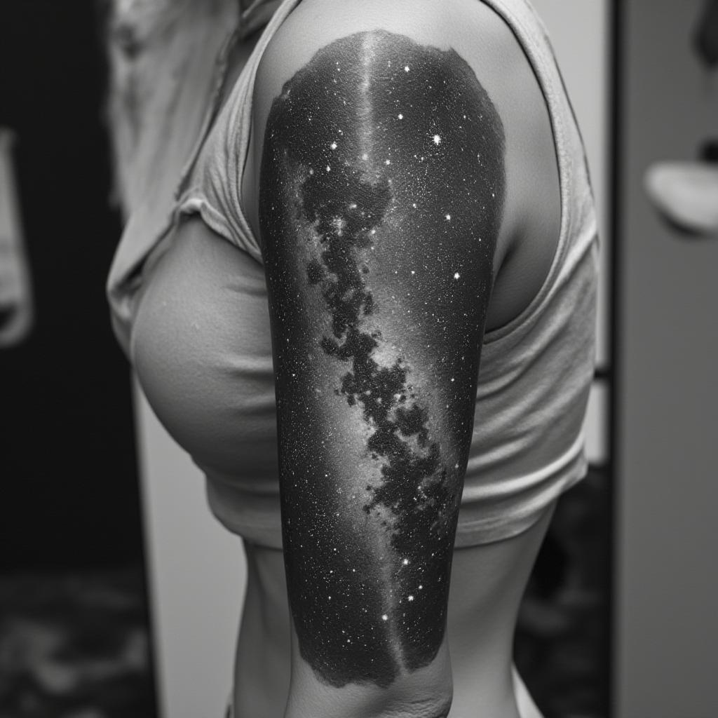  good quality, high quality, create a professionally shaded, abstract black and white tattoo of the milky way galaxy, viewed from a top down perspective. the design should be intricately detailed with a focus on depth and texture, ensuring the galaxy's spiral arms are prominently visible. the tattoo should seamlessly flow from the shoulder to the elbow on the upper arm of a female, emphasizing soft curves to follow the natural contours of the arm. include fine detailing, subtle shading transitions, and a sense of cosmic movement, but avoid hard geometric lines or overly symmetrical patterns to keep the design organic.