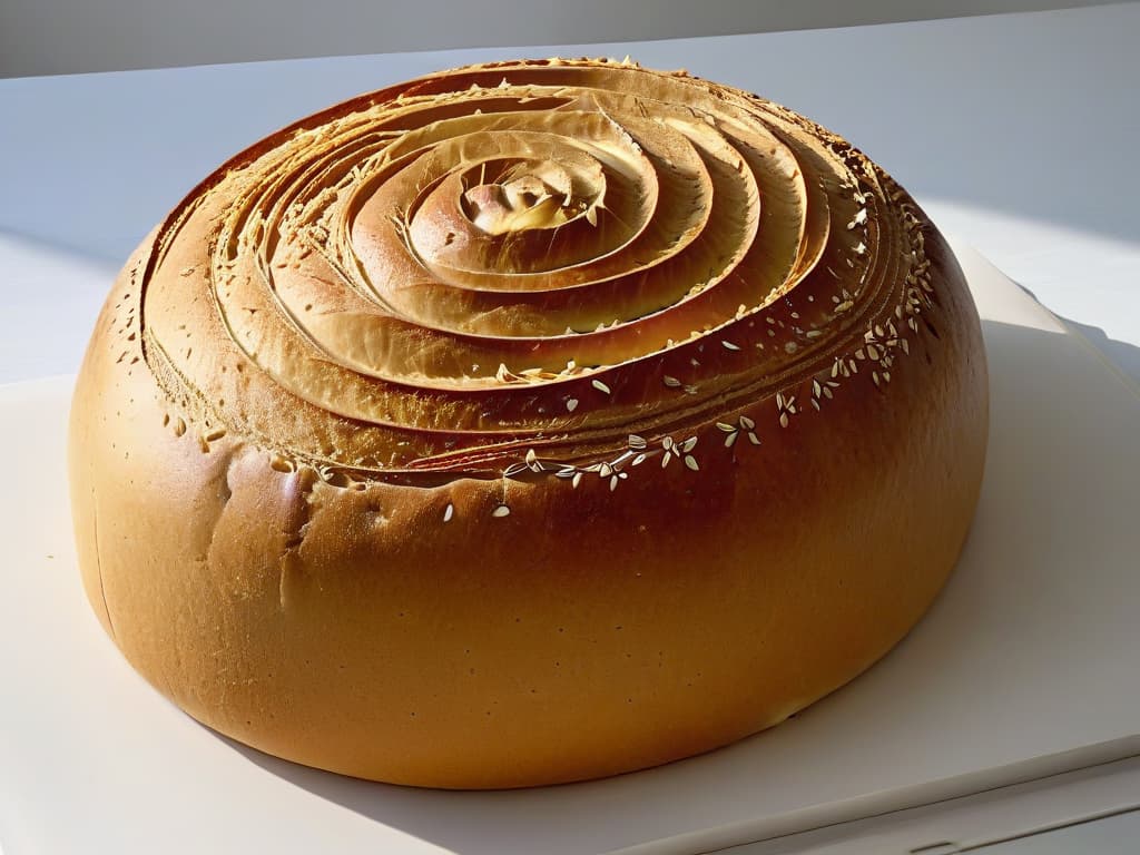  An image showing a closeup of a perfectly goldenbrown crust on a freshly baked loaf of bread, with intricate swirls and patterns formed naturally during the baking process. The texture is crisp and flaky on the outside, contrasting with the soft and airy crumb visible through a series of delicate cracks on the surface. The lighting is soft, casting gentle shadows that accentuate the details of the crust, giving the viewer a sense of warmth and satisfaction. hyperrealistic, full body, detailed clothing, highly detailed, cinematic lighting, stunningly beautiful, intricate, sharp focus, f/1. 8, 85mm, (centered image composition), (professionally color graded), ((bright soft diffused light)), volumetric fog, trending on instagram, trending on tumblr, HDR 4K, 8K