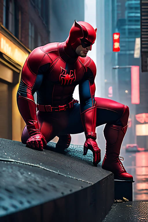  Daredevil stood high, behind him, looking down. hyperrealistic, full body, detailed clothing, highly detailed, cinematic lighting, stunningly beautiful, intricate, sharp focus, f/1. 8, 85mm, (centered image composition), (professionally color graded), ((bright soft diffused light)), volumetric fog, trending on instagram, trending on tumblr, HDR 4K, 8K