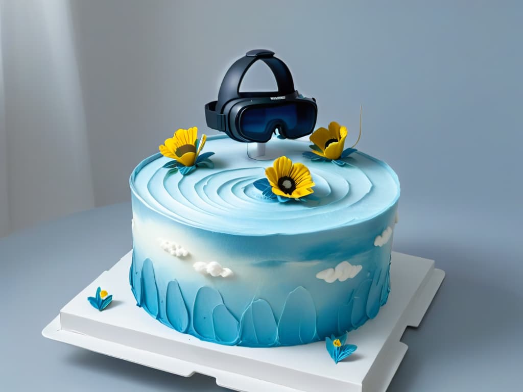  A minimalistic image of a sleek, futuristic augmented reality headset hovering above a beautifully decorated cake, with virtual design elements like frosting swirls and edible flowers superimposed over the cake. The headset reflects a soft glow onto the cake, showcasing the seamless integration of technology and culinary artistry. hyperrealistic, full body, detailed clothing, highly detailed, cinematic lighting, stunningly beautiful, intricate, sharp focus, f/1. 8, 85mm, (centered image composition), (professionally color graded), ((bright soft diffused light)), volumetric fog, trending on instagram, trending on tumblr, HDR 4K, 8K