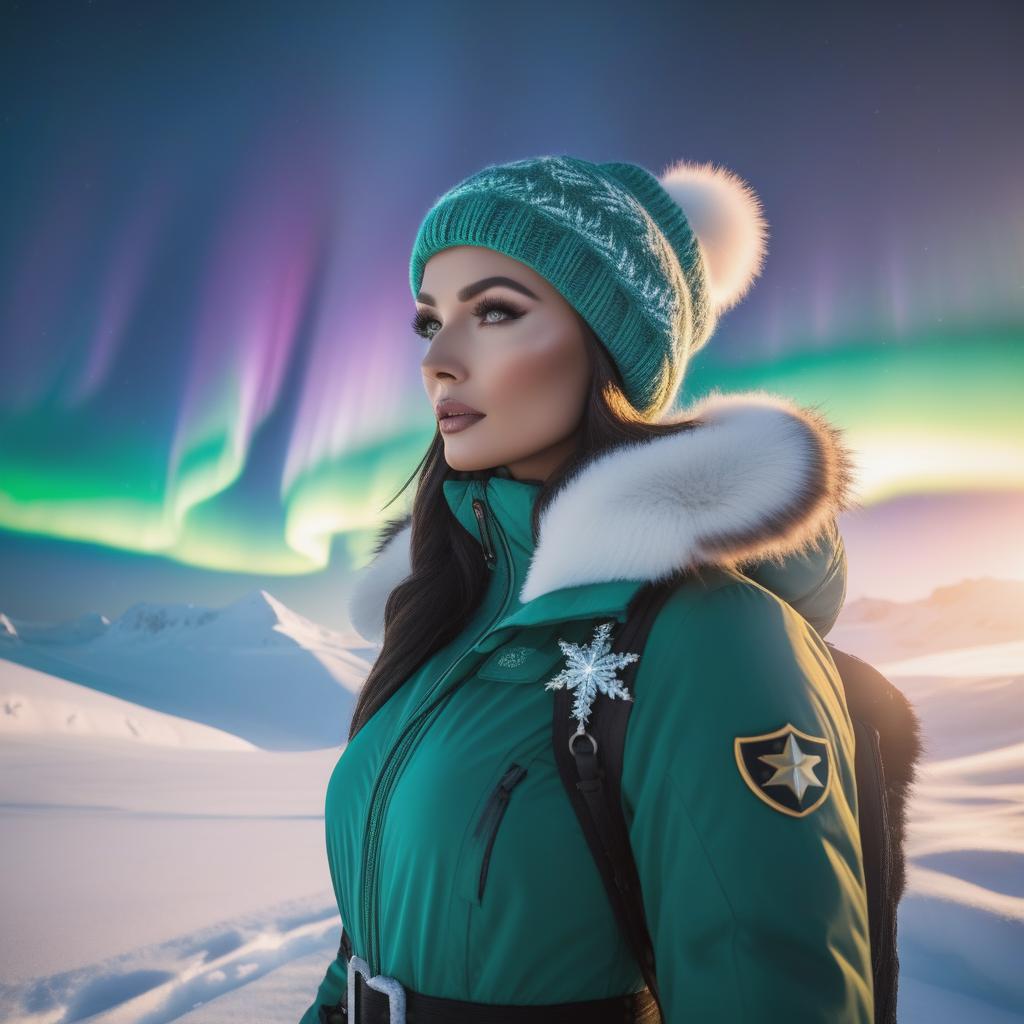  Sanna Northern Lights In North Pole hyperrealistic, full body, detailed clothing, highly detailed, cinematic lighting, stunningly beautiful, intricate, sharp focus, f/1. 8, 85mm, (centered image composition), (professionally color graded), ((bright soft diffused light)), volumetric fog, trending on instagram, trending on tumblr, HDR 4K, 8K