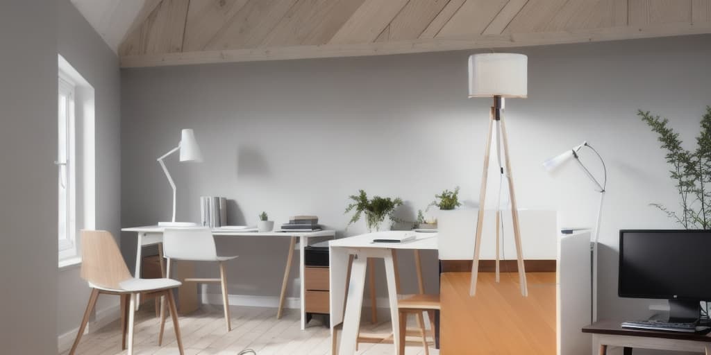  create a office in the scandinavian style, (((computer))), (((printer))), (((table))), (((floor lamp))), (((chair office))), norwegian nature, simple designs, in the style of light gray and light beiges, light woody elements, symmetric, ceramics, subtle colours, crisp detailing, packed with hidden details