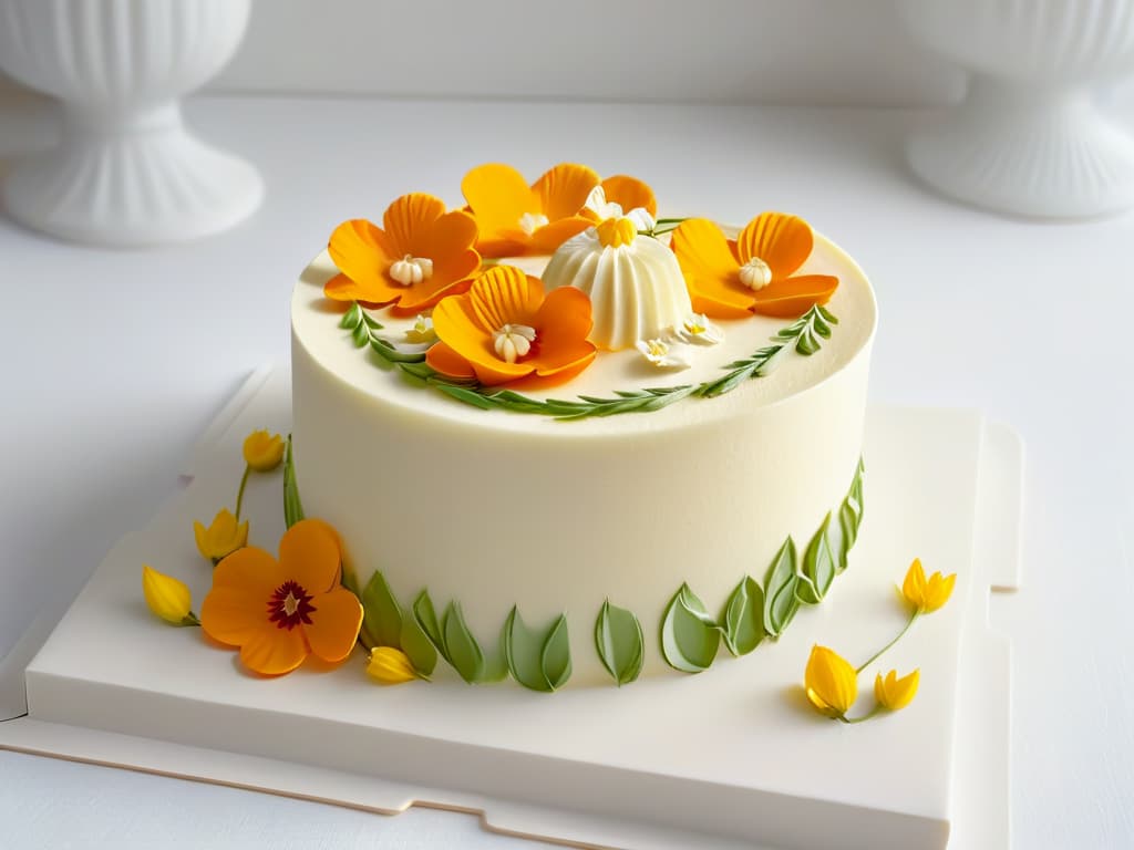  A closeup, highresolution image of a delicate 3D printed dessert masterpiece, showcasing intricate details like fine sugar lace, elegant swirls of cream, and precisely placed edible flowers on a sleek, modern plate set against a simple, clean background. hyperrealistic, full body, detailed clothing, highly detailed, cinematic lighting, stunningly beautiful, intricate, sharp focus, f/1. 8, 85mm, (centered image composition), (professionally color graded), ((bright soft diffused light)), volumetric fog, trending on instagram, trending on tumblr, HDR 4K, 8K