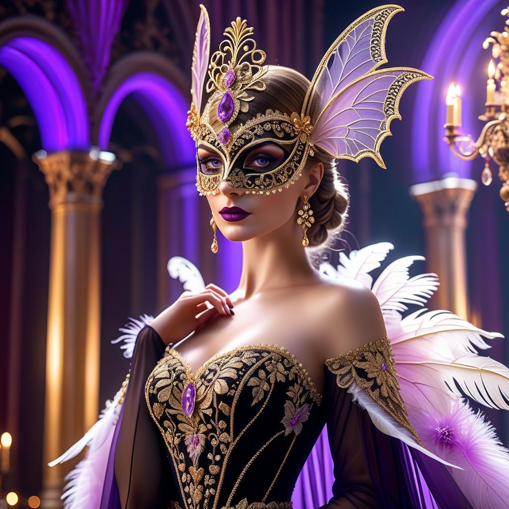  Renaissance style (Interior):An ancient ballroom with baroque columns. A girl close up. (Half mask Columbine) mask, covering only part of the face. Decorations of the mask: with patterned ornament in the form of butterfly wings colour: black, gold, purple, lilac, feathers, gold leaf, precious stones, Venetian lace, rhinestones, beads. (Dress) the bat style is incomparable an unattached, loose and very open dress of translucent fabric with a high slit, all in sequins; a transparent mantle attached to the shoulders, really resembling bat wings, and a magnificent headpiece with ostrich feathers. Translated with DeepL.com (free version) . realistic, perspective, light and shadow, religious or mythological themes, highly detailed hyperrealistic, full body, detailed clothing, highly detailed, cinematic lighting, stunningly beautiful, intricate, sharp focus, f/1. 8, 85mm, (centered image composition), (professionally color graded), ((bright soft diffused light)), volumetric fog, trending on instagram, trending on tumblr, HDR 4K, 8K