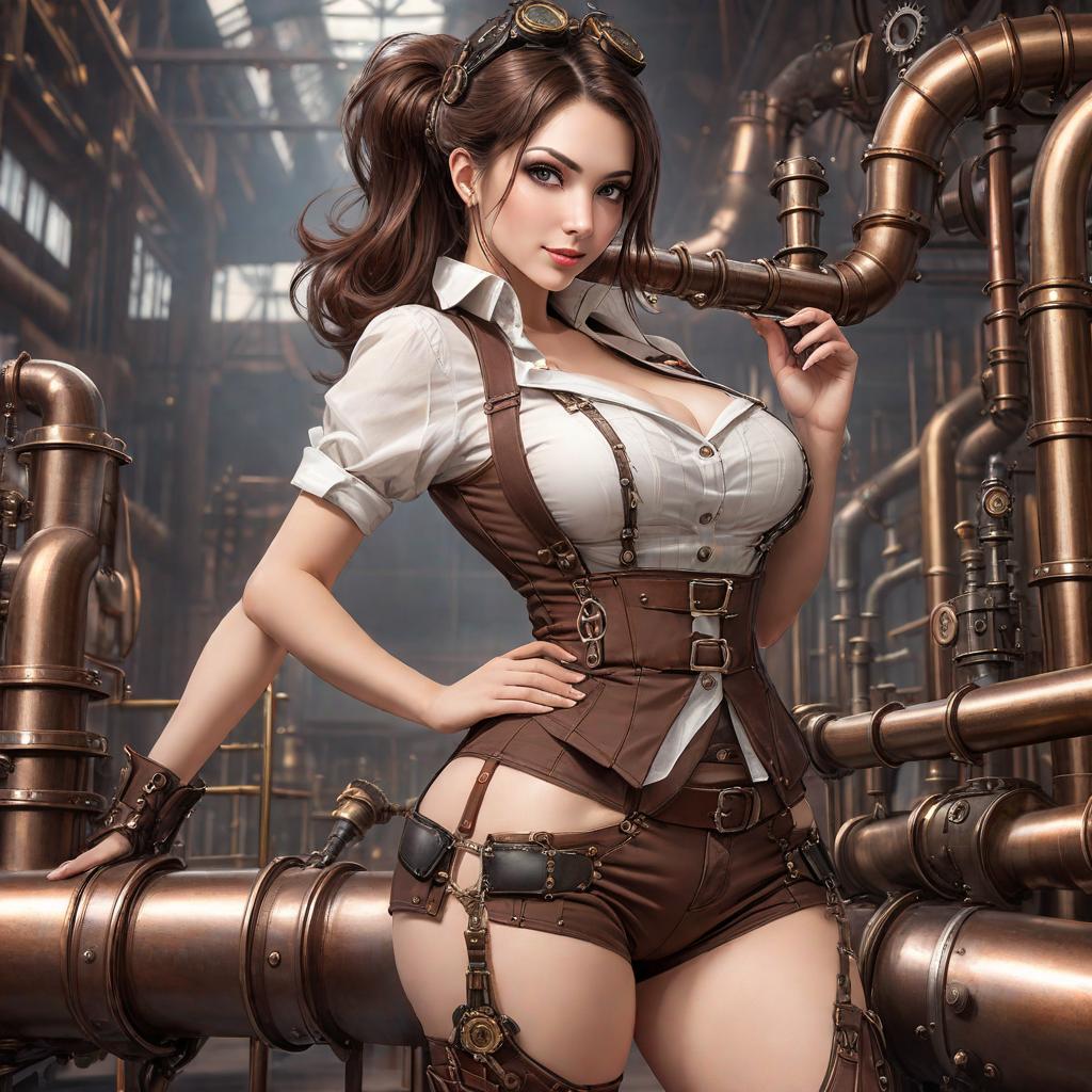  steampunk style, young woman, long pipes, bent over, tilted pose, face detailing, seductively looks at the viewer, cheeky bitch with lustful facial expression, bright brunette hair, shows bare, realistic skin, smile, happy, in shorts, belts, suspenders,  steampunk factory,  steam mechanisms, best quality, masterpiece, intricate details, hdr, (depth of field:1.3), hyperdetailed, (muted colors, smoothing tones:1.3), the style of the image is realistic and was shot on a professional canon eos 5d mark iv camera. each subject is highly detailed and sharp, providing uhd quality with 4k level detail., cute, hyper detail, full HD hyperrealistic, full body, detailed clothing, highly detailed, cinematic lighting, stunningly beautiful, intricate, sharp focus, f/1. 8, 85mm, (centered image composition), (professionally color graded), ((bright soft diffused light)), volumetric fog, trending on instagram, trending on tumblr, HDR 4K, 8K