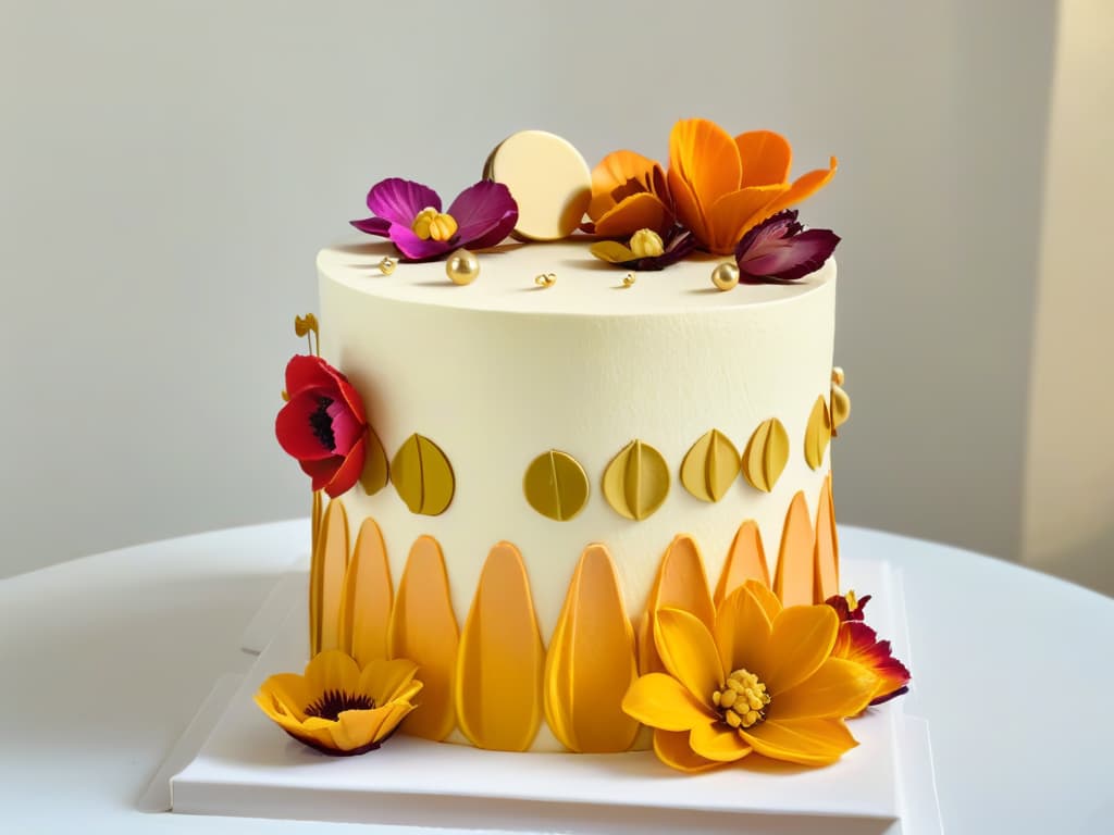  A highresolution image showing a beautifully intricate cake that seamlessly blends the delicate decorations of French patisserie with vibrant colors and patterns inspired by African art. The cake is adorned with edible flowers, gold leaf accents, and geometric designs reminiscent of traditional African textiles, creating a stunning visual representation of the fusion of French and African pastry techniques. hyperrealistic, full body, detailed clothing, highly detailed, cinematic lighting, stunningly beautiful, intricate, sharp focus, f/1. 8, 85mm, (centered image composition), (professionally color graded), ((bright soft diffused light)), volumetric fog, trending on instagram, trending on tumblr, HDR 4K, 8K