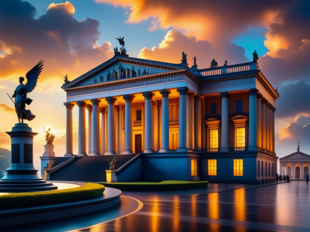  A detailed and vibrant Impressionist painting depicting a grand neoclassical building with intricate columns and statues, set against a dramatic romanticized sky with swirling clouds and a golden sunset. The play of light and shadow highlights the architectural details, while a subtle sense of movement in the clouds adds a dynamic element to the serene scene. hyperrealistic, full body, detailed clothing, highly detailed, cinematic lighting, stunningly beautiful, intricate, sharp focus, f/1. 8, 85mm, (centered image composition), (professionally color graded), ((bright soft diffused light)), volumetric fog, trending on instagram, trending on tumblr, HDR 4K, 8K