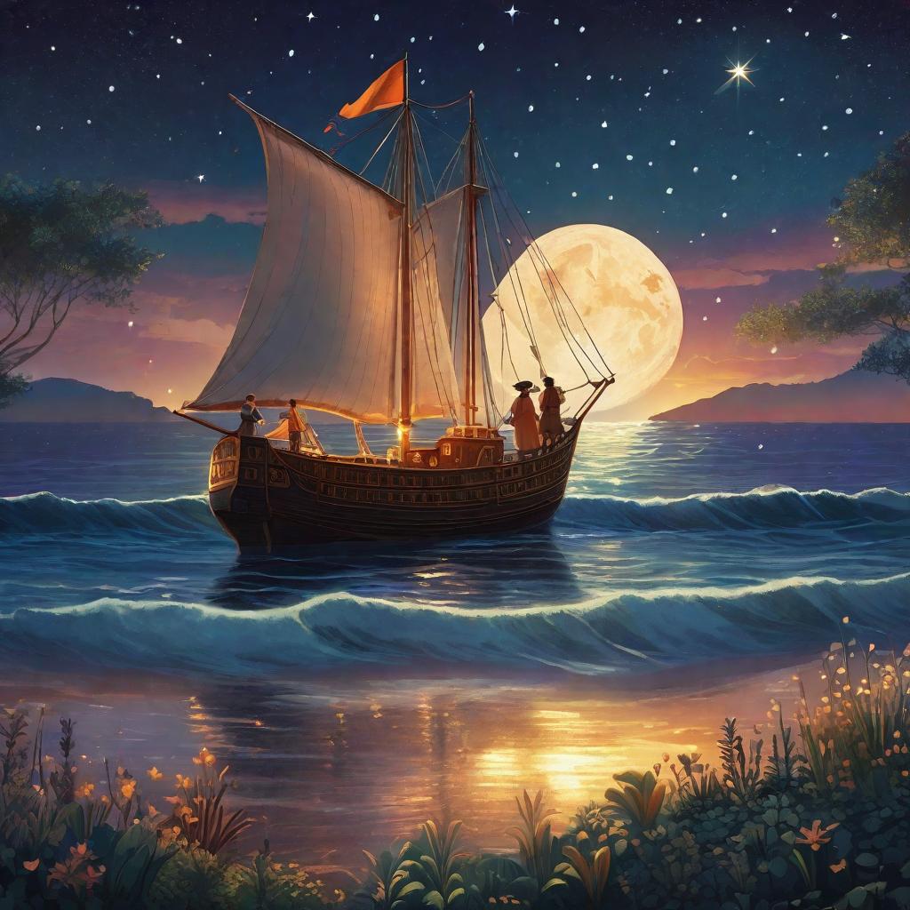  "A warm and enchanting scene where a , cozy blanket transforms into a broad ship with billowing and soft sails under a star-glittered, deep-night sky. The ship is gently afloat on peaceful moonlit waters heading towards a mystical-looking island in the distance. The main characters, a curious wearing pyjamas, and their loving mother sporting an adventurous glance, are on board looking excited and prepared for the mystical journey ahead. The atmosphere is calming with a undercurrent of adventure, inspiring a sense of wonder and anticipation. The elements of the scene - the blanket-ship, starred sky, and tranquil waters - should be rendered in soft, comforting and -friendly tones and details."((masterpiece)), best qual hyperrealistic, full body, detailed clothing, highly detailed, cinematic lighting, stunningly beautiful, intricate, sharp focus, f/1. 8, 85mm, (centered image composition), (professionally color graded), ((bright soft diffused light)), volumetric fog, trending on instagram, trending on tumblr, HDR 4K, 8K