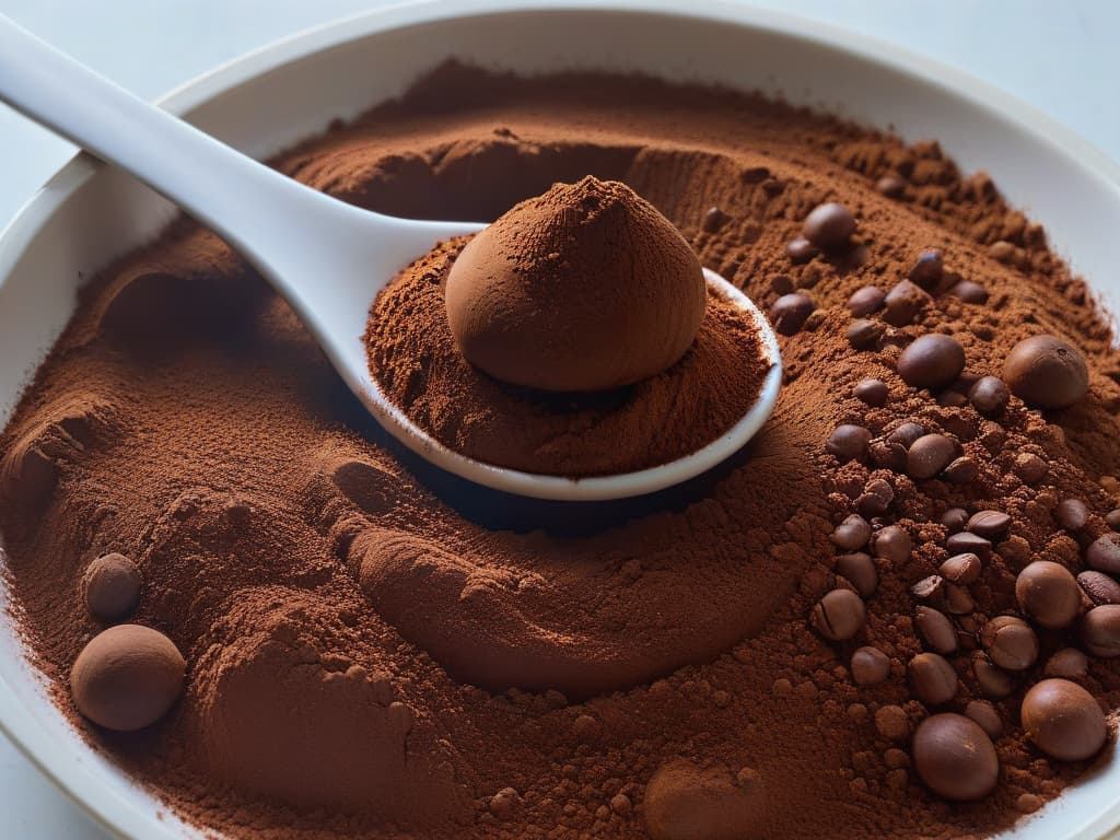  An ultradetailed closeup image of a delicate, intricate swirl of tapioca flour slowly blending into rich cocoa powder, showcasing the contrasting textures and earthy tones of the alternative flours. The fine powders form a mesmerizing pattern, symbolizing the fusion of flavors and textures in alternative baking, perfect for enriching desserts. hyperrealistic, full body, detailed clothing, highly detailed, cinematic lighting, stunningly beautiful, intricate, sharp focus, f/1. 8, 85mm, (centered image composition), (professionally color graded), ((bright soft diffused light)), volumetric fog, trending on instagram, trending on tumblr, HDR 4K, 8K