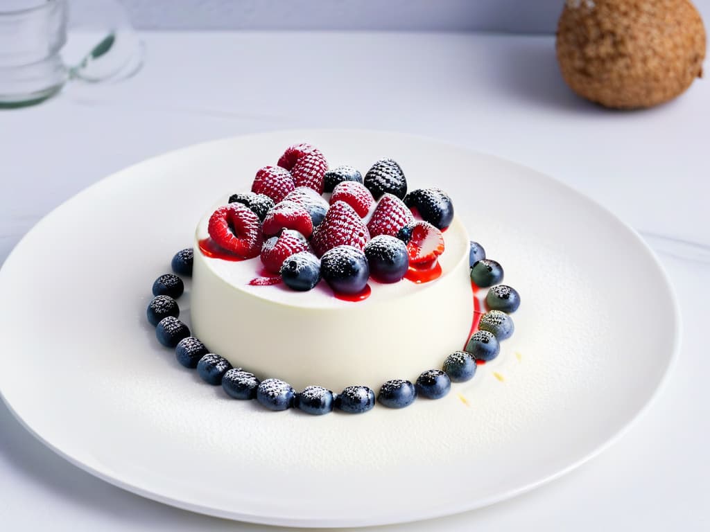  A closeup, ultradetailed image of a creamy dairyfree panna cotta garnished with vibrant mixed berries and a delicate mint leaf, presented elegantly on a modern, sleek white plate with a subtle matte finish. The smooth texture of the dessert is emphasized, showcasing the intricate layers and the glossy shine of the berry coulis drizzle. The vibrant colors of the berries pop against the pale offwhite of the panna cotta, creating a visually striking and appetizing composition that perfectly complements the theme of lactosefree dairy alternatives in sweet treats. hyperrealistic, full body, detailed clothing, highly detailed, cinematic lighting, stunningly beautiful, intricate, sharp focus, f/1. 8, 85mm, (centered image composition), (professionally color graded), ((bright soft diffused light)), volumetric fog, trending on instagram, trending on tumblr, HDR 4K, 8K