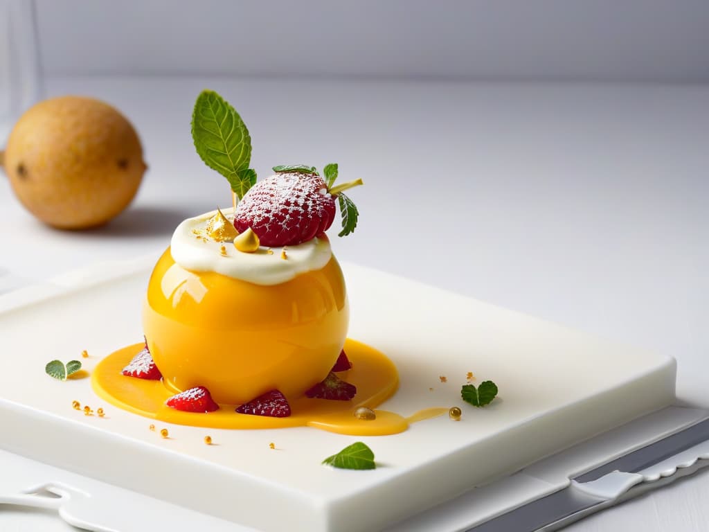  A closeup, photorealistic image of a perfectly spherical, glossy mango sphere suspended in midair above a delicate, intricately plated dessert. The dessert consists of a smooth, creamy vanilla panna cotta topped with vibrant raspberry coulis, fresh mint leaves, and edible gold flakes, all elegantly arranged on a pristine white plate. The background is softly blurred to emphasize the exquisite details of the dessert and the mesmerizing shine of the mango sphere. hyperrealistic, full body, detailed clothing, highly detailed, cinematic lighting, stunningly beautiful, intricate, sharp focus, f/1. 8, 85mm, (centered image composition), (professionally color graded), ((bright soft diffused light)), volumetric fog, trending on instagram, trending on tumblr, HDR 4K, 8K