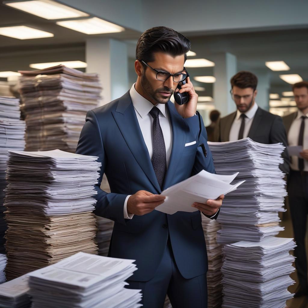  cinematic photo A human resources manager, wearing an expensive suit, holds a stack of resumes while sales managers are talking on the phones around him. . 35mm photograph, film, bokeh, professional, 4k, highly detailed hyperrealistic, full body, detailed clothing, highly detailed, cinematic lighting, stunningly beautiful, intricate, sharp focus, f/1. 8, 85mm, (centered image composition), (professionally color graded), ((bright soft diffused light)), volumetric fog, trending on instagram, trending on tumblr, HDR 4K, 8K