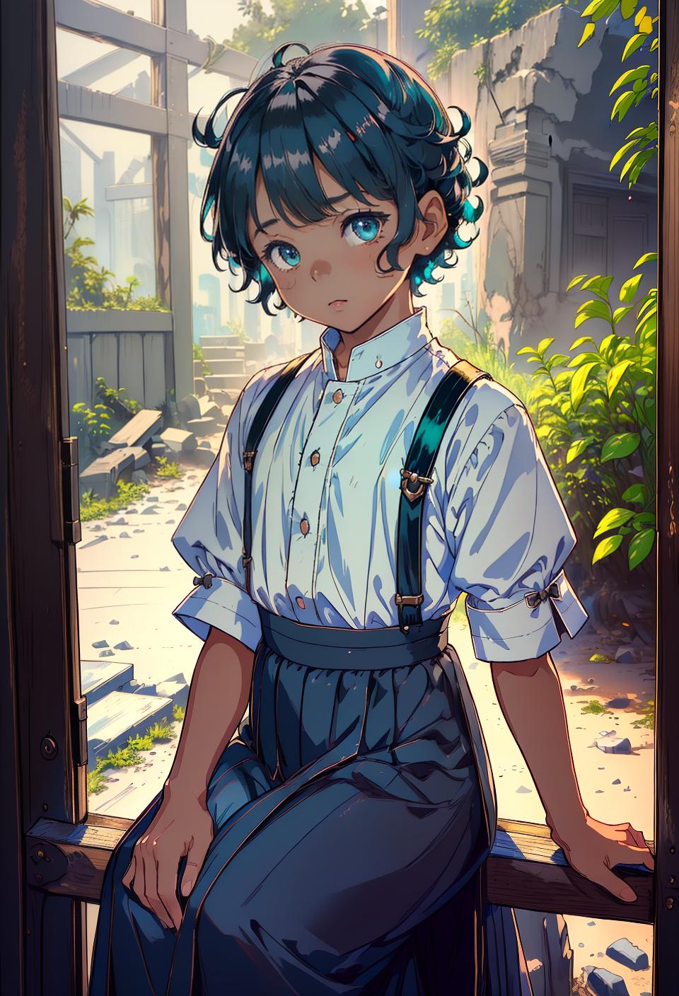  ((trending, highres, masterpiece, cinematic shot)), 1boy, chibi, male Amish outfit, ruins scene, short curly aqua hair, side-swept bangs,  amber eyes, doting personality, mischievous expression, dark skin, magical, lucky