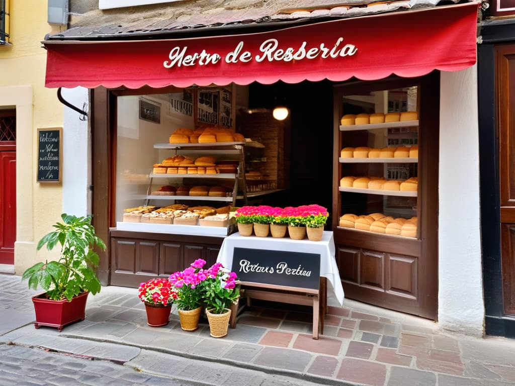  A minimalistic image of a serene, sunlit bakery tucked away in a charming cobblestone alleyway, showcasing a small wooden sign with elegant calligraphy that reads "Retiros de Repostería Globales". The scene is adorned with colorful flower pots hanging from windowsills, inviting passersby to step inside and experience the world of exclusive global pastry retreats. hyperrealistic, full body, detailed clothing, highly detailed, cinematic lighting, stunningly beautiful, intricate, sharp focus, f/1. 8, 85mm, (centered image composition), (professionally color graded), ((bright soft diffused light)), volumetric fog, trending on instagram, trending on tumblr, HDR 4K, 8K