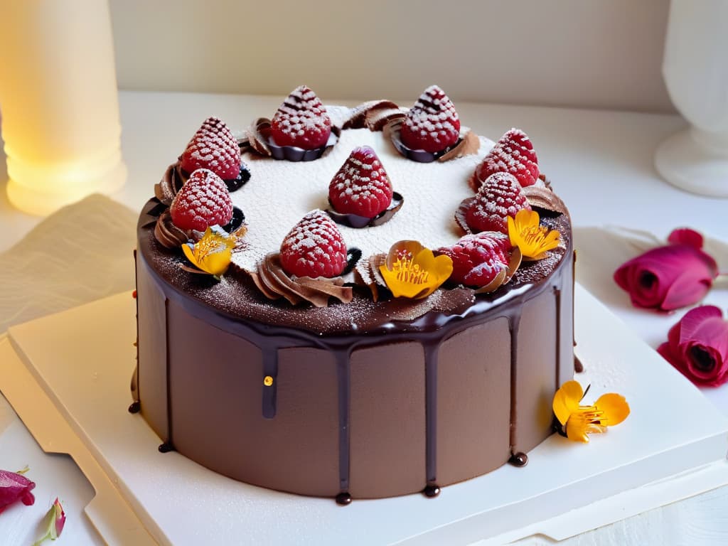  A closeup, ultradetailed image of a decadent, intricately decorated vegan chocolate cake topped with fresh raspberries and edible flowers, set on a sleek, modern white plate against a soft, blurred background. The cake is adorned with delicate gold leaf accents and drizzled with a glossy, rich chocolate sauce, showcasing a perfect balance of elegance and indulgence. hyperrealistic, full body, detailed clothing, highly detailed, cinematic lighting, stunningly beautiful, intricate, sharp focus, f/1. 8, 85mm, (centered image composition), (professionally color graded), ((bright soft diffused light)), volumetric fog, trending on instagram, trending on tumblr, HDR 4K, 8K