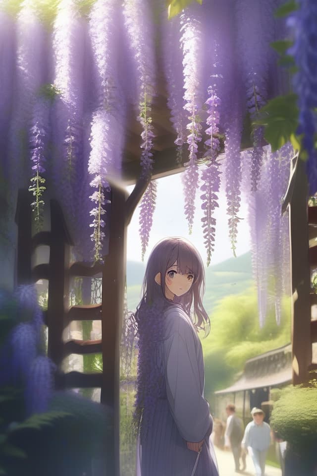  (谷の向こう側に有る)A masterpiece,a large group of wisteria flowers on the other side of the valley,wisteria trellises,a mountain valley,pale fresh greenery,sunlight filtering through the trees,and a girl in the foreground with her back to the viewer,