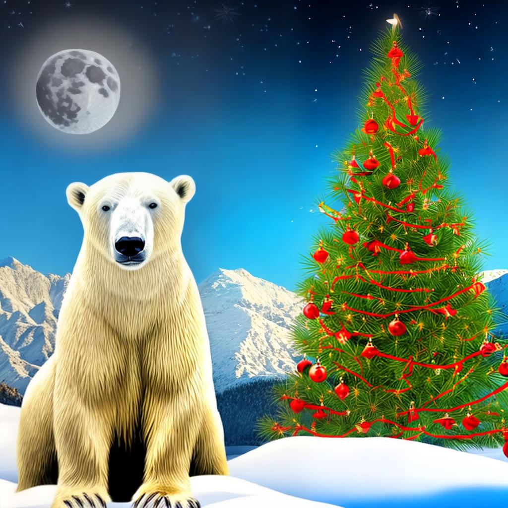  polar bear sitting with a snowman surrounded by Christmas trees.  Mountains in the back ground with the moon shining