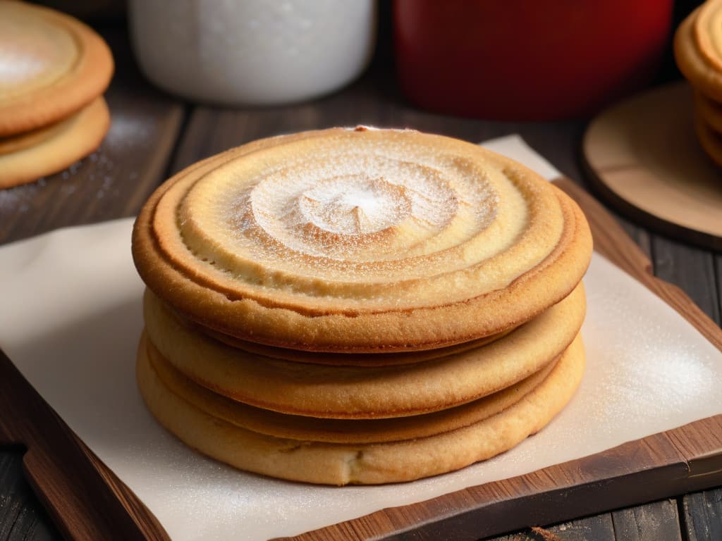  A closeup, ultradetailed image of a freshly baked Snickerdoodle cookie, still warm from the oven, resting on a rustic wooden surface. The cookie is perfectly round with a cracked surface, revealing a soft, chewy interior speckled with cinnamon sugar crystals. Light streams in from the side, casting a warm, inviting glow on the cookie and creating a subtle play of shadows on the wooden backdrop. The texture of the cookie is so detailed that each sugar crystal and crack in the surface is clearly visible, evoking a sense of warmth, comfort, and the irresistible aroma of cinnamon. hyperrealistic, full body, detailed clothing, highly detailed, cinematic lighting, stunningly beautiful, intricate, sharp focus, f/1. 8, 85mm, (centered image composition), (professionally color graded), ((bright soft diffused light)), volumetric fog, trending on instagram, trending on tumblr, HDR 4K, 8K