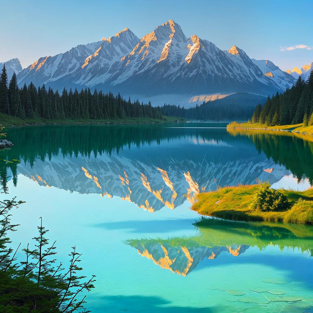  as a painting, Convey the serene majesty of towering mountains reflected in the crystal-clear waters of a tranquil alpine lake, using your unique artistic vision to evoke a sense of awe and tranquility.