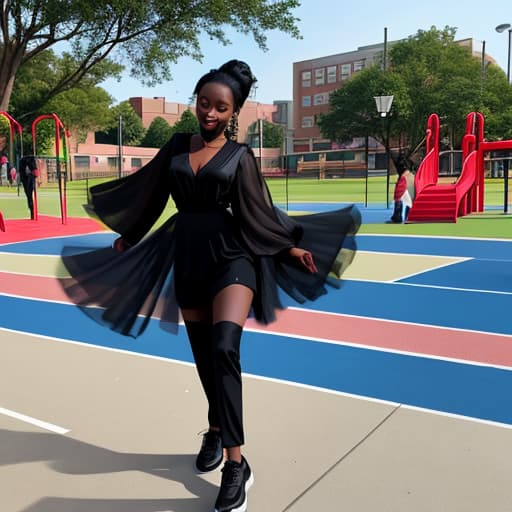  Beautiful black silk girl dancing on campus playground