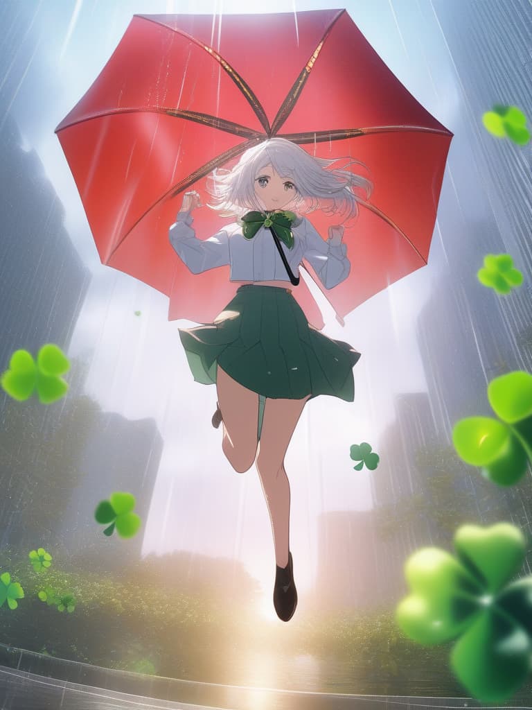  (((Masterpiece))),Masterpiece,,((((overhead shot 1.5))),((((fisheye lens 1.3)))),girl,((((jumping)))),delicate white hair color,medium hair,waving hair hair,smiling face,green shining eyes,(((red umbrella))),(((four leaf clover,))👗,floating four leaf clover ,❀✿✿✤,(((raises four leaf clover in hand)))1.5,(((raises both hands))),((((raining 1.3)))),Super high quality,8K, masterpiece, best quality,8k,ultra detailed,high resolution,an extremely delicate and beautiful,hyper detail hyperrealistic, full body, detailed clothing, highly detailed, cinematic lighting, stunningly beautiful, intricate, sharp focus, f/1. 8, 85mm, (centered image composition), (professionally color graded), ((bright soft diffused light)), volumetric fog, trending on instagram, trending on tumblr, HDR 4K, 8K