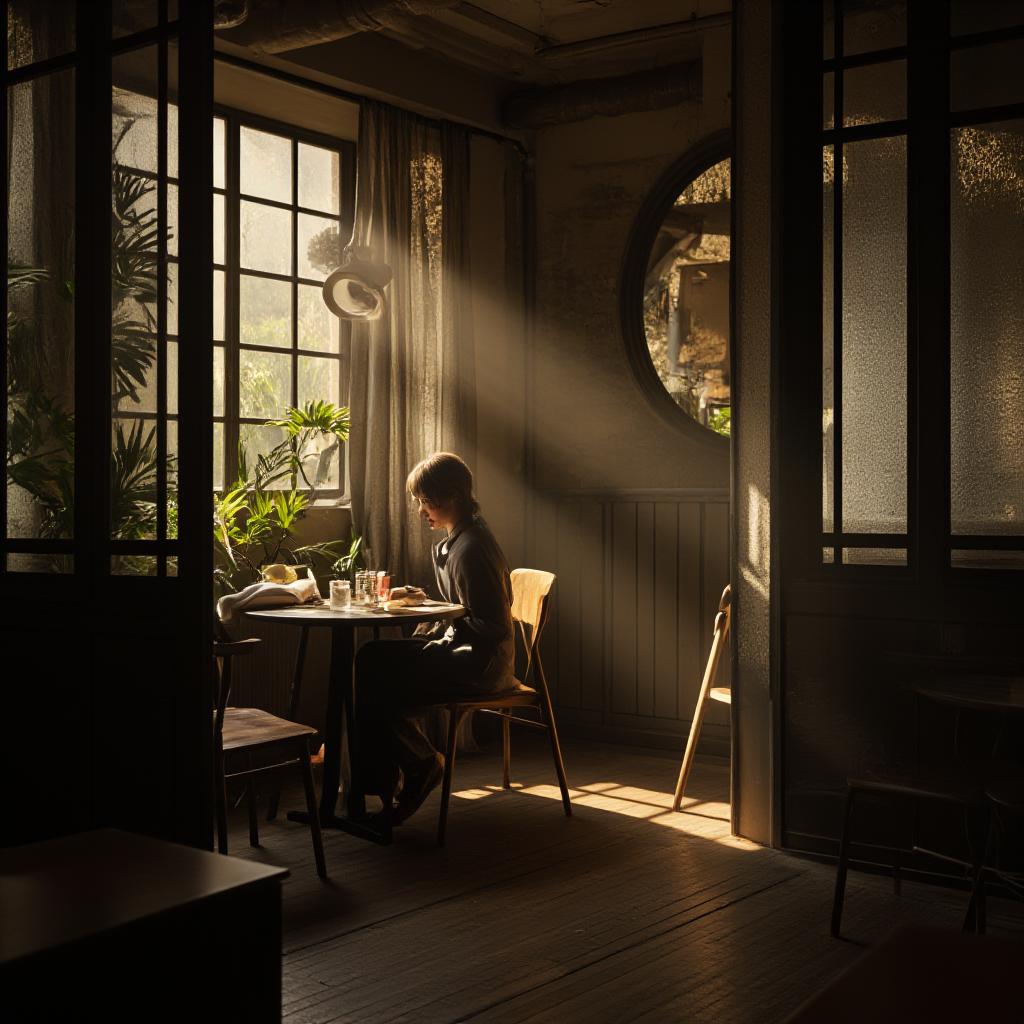  capture a hyperrealistic, unedited 8k photograph featuring a centered view of a subject in a cozy cafe setting, embodying the mid century modern style defined by clean lines, organic forms, and a mix of natural and modern elements. the image should reflect a cinematic aesthetic, as if it were a still from a crime movie, with chiaroscuro lighting casting dramatic shadows and highlights. the scene is professionally color graded with bright, soft, diffused light enhancing the dense, intricately blurred background and stunningly beautiful furnishings and decorations.