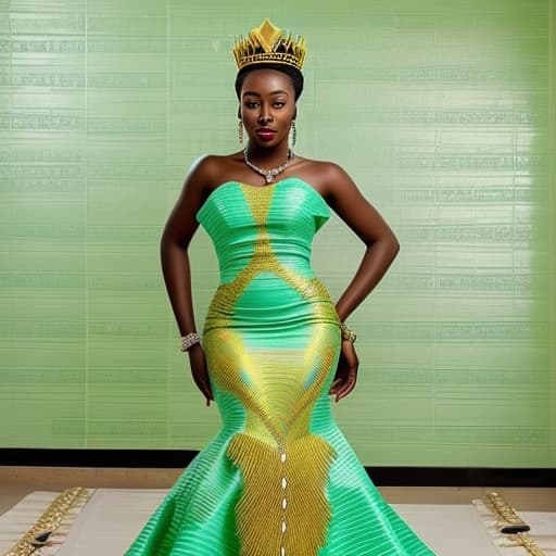  A Ghanaian modern bride in a stylish mint green Ghanaian KENTE gown with chains and petals . Should be a mermaid dress that looks regal. Must look like a beauty queen with a golden crown