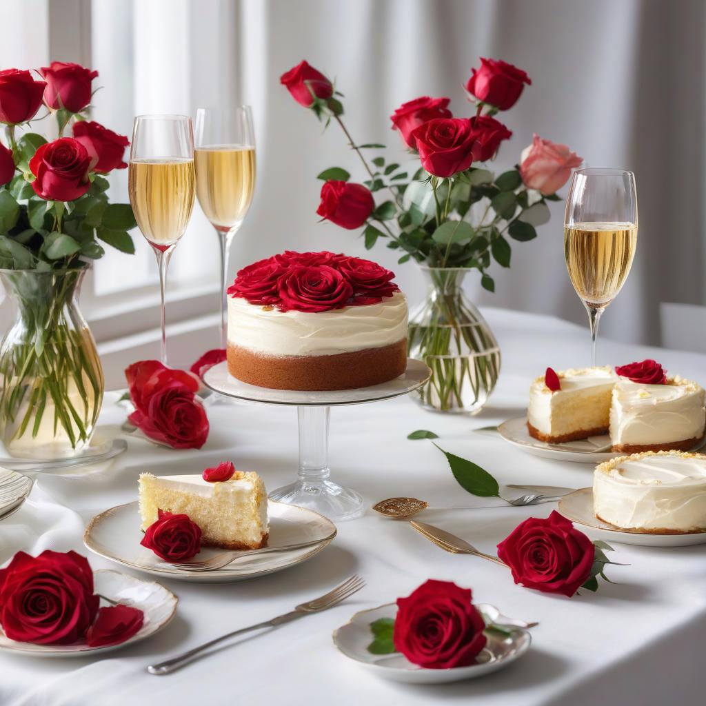  vase with roses next to a cake and a glass of champagne, white background, drawing animation, bright saturated colors, realistically beautiful, drawing animation hyperrealistic, full body, detailed clothing, highly detailed, cinematic lighting, stunningly beautiful, intricate, sharp focus, f/1. 8, 85mm, (centered image composition), (professionally color graded), ((bright soft diffused light)), volumetric fog, trending on instagram, trending on tumblr, HDR 4K, 8K