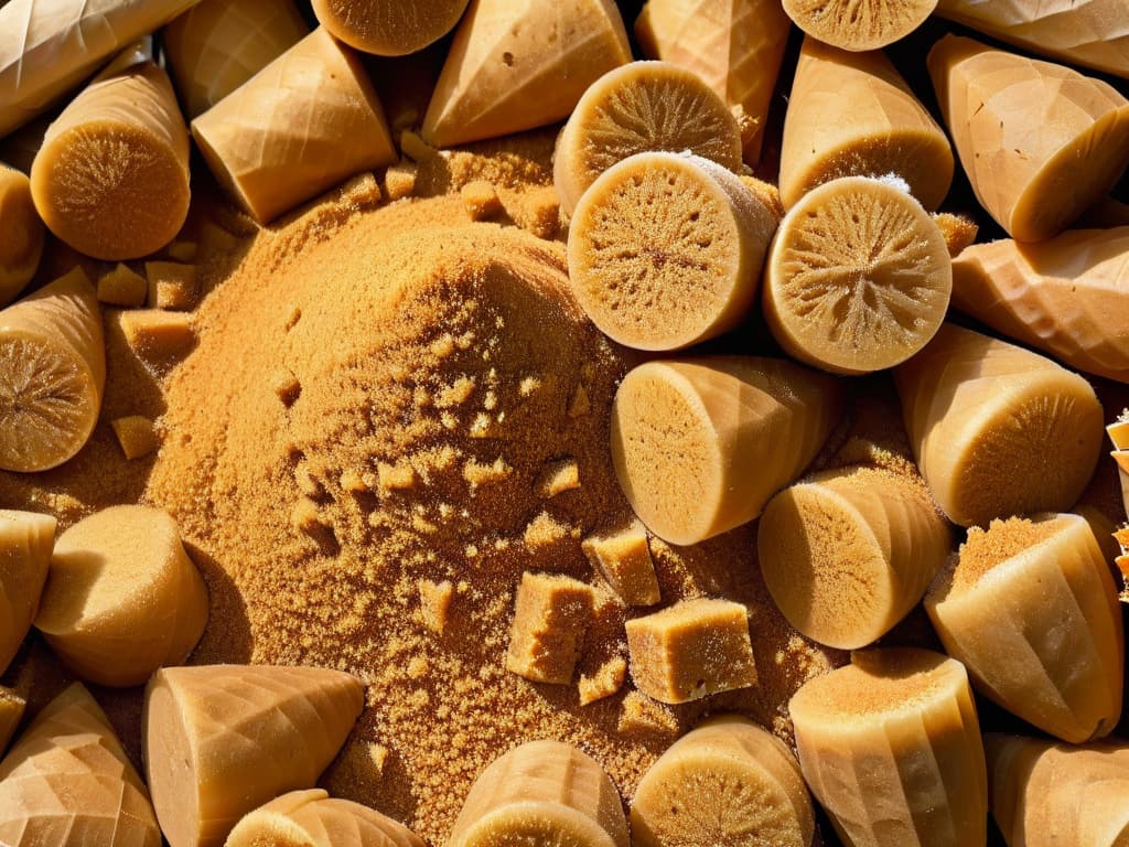  An ultradetailed closeup image of a stack of goldenbrown, unrefined panela sugar cones, glistening under soft natural light. The intricate texture of the rough sugar blocks is highlighted, showcasing the raw, natural beauty of this healthier alternative to refined sugar. The image captures the essence of sweetness in its purest form, inviting viewers to explore the world of unprocessed sweetness for their vegan recipes. hyperrealistic, full body, detailed clothing, highly detailed, cinematic lighting, stunningly beautiful, intricate, sharp focus, f/1. 8, 85mm, (centered image composition), (professionally color graded), ((bright soft diffused light)), volumetric fog, trending on instagram, trending on tumblr, HDR 4K, 8K