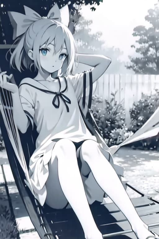  Cirno on a hammock, old manga style, monochrome