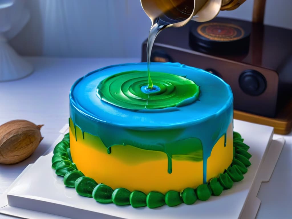  A closeup, ultradetailed image of a glossy mirror glaze being poured over a perfectly smooth cake, capturing the mesmerizing reflections and the intricate details of the glaze as it flows and sets, showcasing the vibrant colors and flawless finish. hyperrealistic, full body, detailed clothing, highly detailed, cinematic lighting, stunningly beautiful, intricate, sharp focus, f/1. 8, 85mm, (centered image composition), (professionally color graded), ((bright soft diffused light)), volumetric fog, trending on instagram, trending on tumblr, HDR 4K, 8K