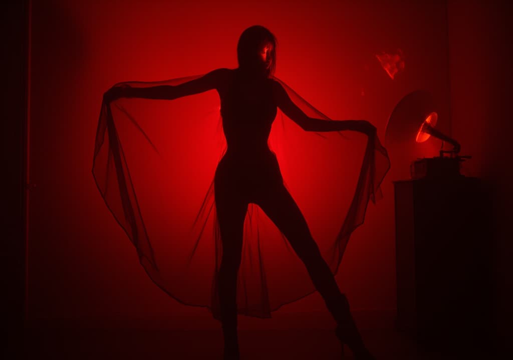  good quality, high quality, dimly lit, deep red room. woman moves languidly, veiled in sheer fabric. her dance reveals and conceals, seducing. luminous, enigmatic eyes hold dangerous allure. haunting melody from old phonograph. hypnotic, sensory scene of mystery and desire.