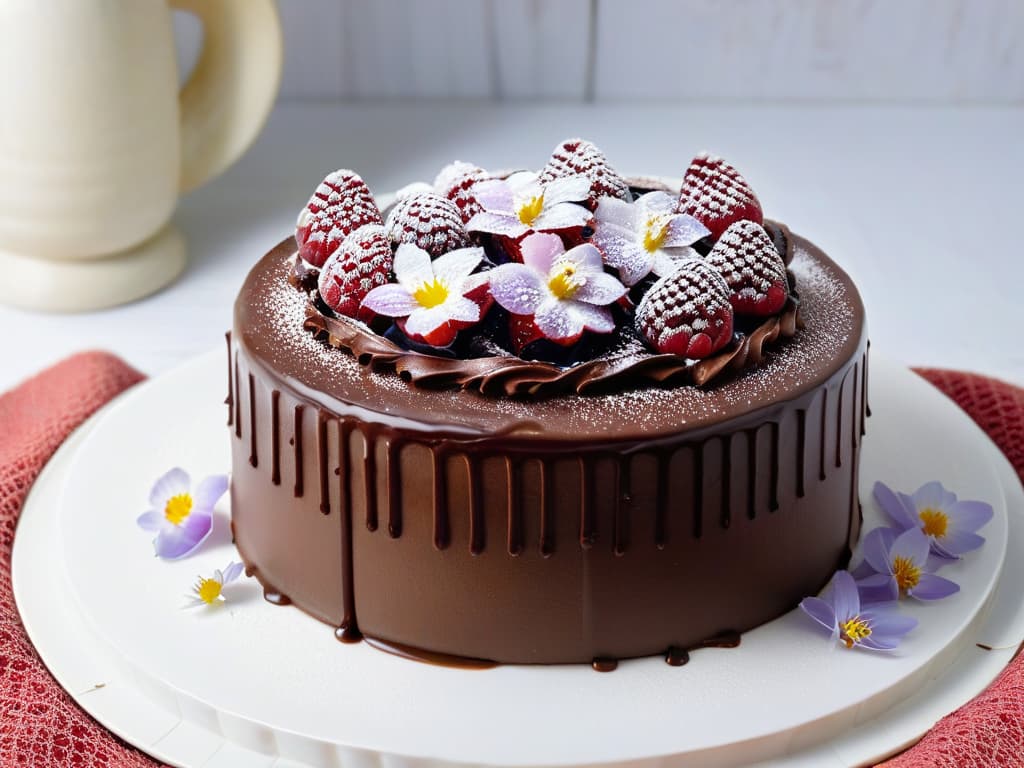  A closeup, photorealistic image of a decadent vegan chocolate cake topped with a glossy layer of ganache, fresh raspberries, and delicate edible flowers. The cake sits on a modern, minimalist ceramic plate, showcasing its rich texture and intricate details, inviting viewers to indulge in the artistry of vegan fermentation in pastry. hyperrealistic, full body, detailed clothing, highly detailed, cinematic lighting, stunningly beautiful, intricate, sharp focus, f/1. 8, 85mm, (centered image composition), (professionally color graded), ((bright soft diffused light)), volumetric fog, trending on instagram, trending on tumblr, HDR 4K, 8K