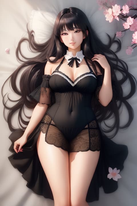  Anime , black hair, camellia, cherry blossoms, ball, long hair, lying, bangs, blue eyes, falling petals, flower, looking at viewer, 1, , detailed eyes, hyperrealistic, full body, highly detailed, cinematic lighting, intricate, sharp focus, f/1. 8, 85mm, (centered image composition), (professionally color graded), ((bright soft diffused light)), volumetric fog, trending on instagram, HDR 4K, 8K