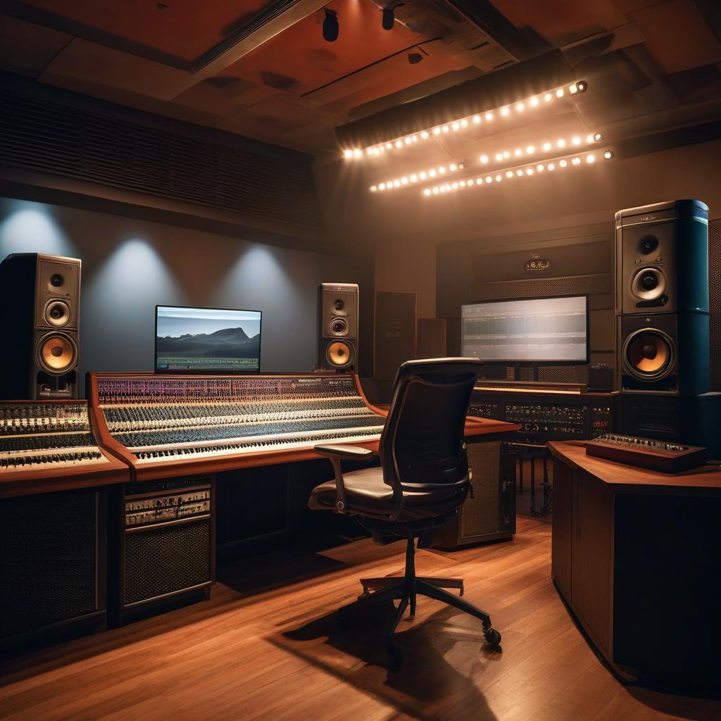  recording studio hyperrealistic, full body, detailed clothing, highly detailed, cinematic lighting, stunningly beautiful, intricate, sharp focus, f/1. 8, 85mm, (centered image composition), (professionally color graded), ((bright soft diffused light)), volumetric fog, trending on instagram, trending on tumblr, HDR 4K, 8K