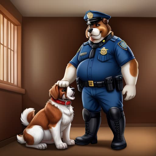  saint bernard (old, fat, dilf, police officer, wearing police uniform, wearing boots, wearing collar). pet play., open eyes, digital art, masterpiece, 4k, fine details,