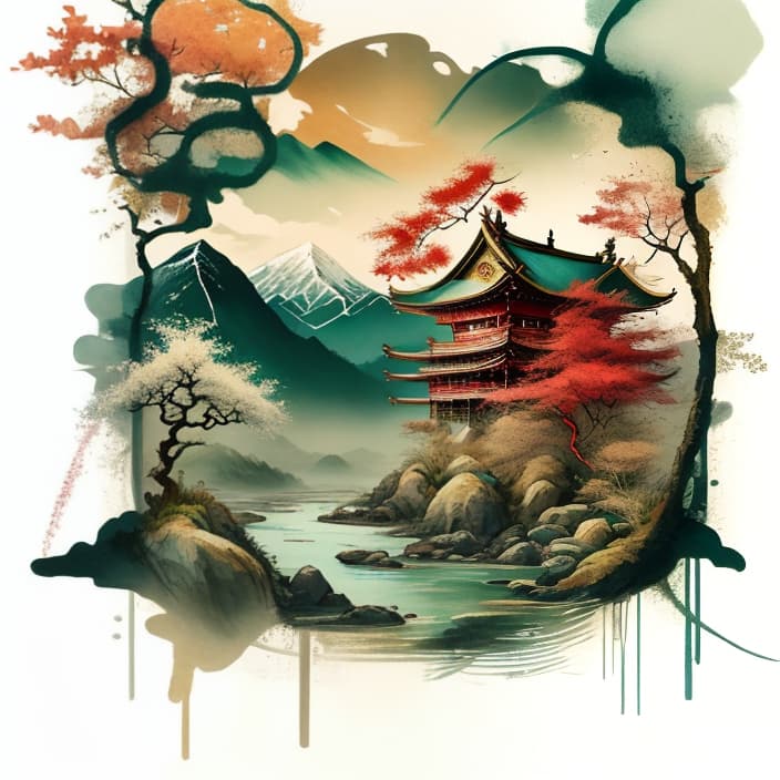  Chinese style landscape painting, mountains, rivers, clouds