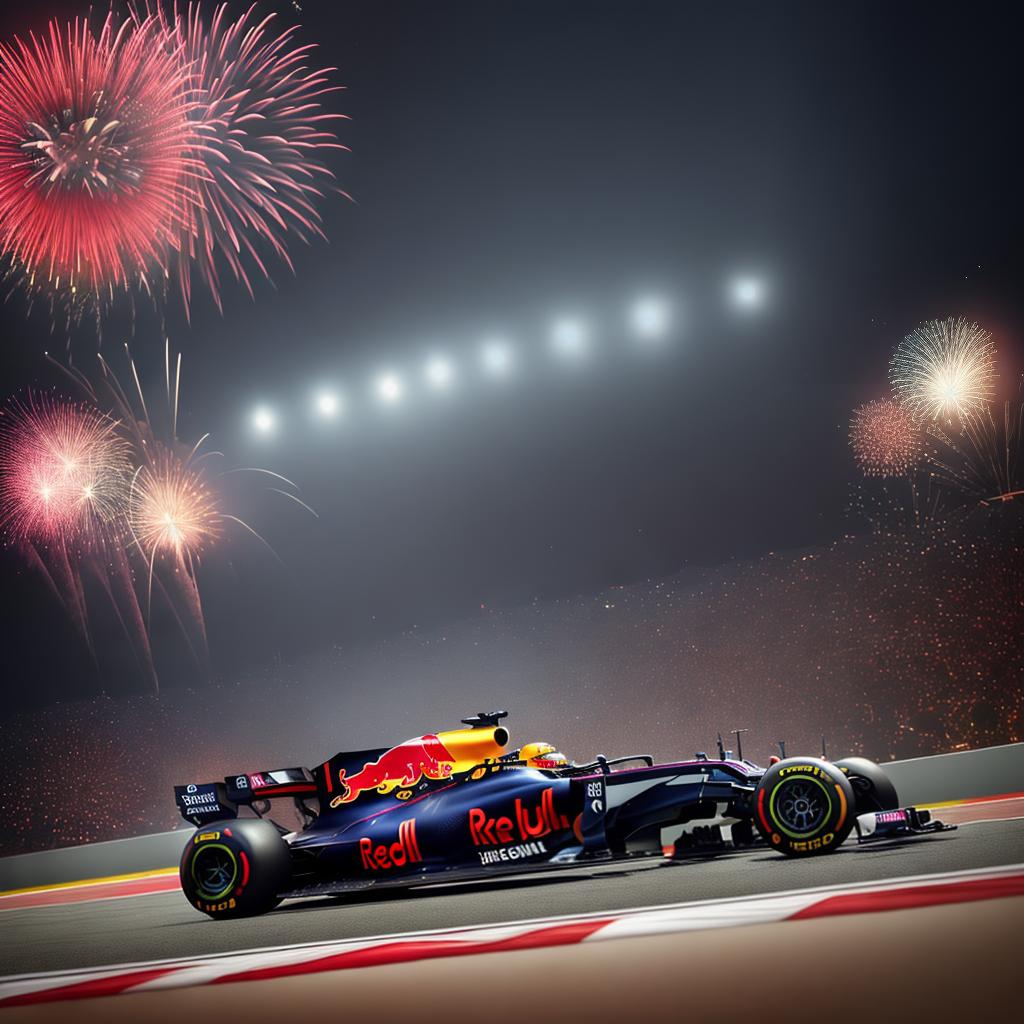  A Red Bull Formula 1 car, driven by Checo Perez, speeding on the racetrack. The car is depicted in its full glory, with ((shiny red paint)), (((perfectly polished))), and (((glistening))) under the ((bright sunlight)). The ((sleek design)) of the car reflects the team's commitment to engineering excellence. The ((detailed)) rendering showcases every curve and aerodynamic element, making it a true (((masterpiece))) of technology. The background features a cheering crowd, ((excitedly waving flags))), and ((spectacular fireworks))) lighting up the sky. The ((highly detailed)) composition captures the adrenaline and excitement of a Formula 1 race. Medium: Digital, Style: Realistic, Artist: John Smith, Website: www.johnsmithart.com, Resolution:  hyperrealistic, full body, detailed clothing, highly detailed, cinematic lighting, stunningly beautiful, intricate, sharp focus, f/1. 8, 85mm, (centered image composition), (professionally color graded), ((bright soft diffused light)), volumetric fog, trending on instagram, trending on tumblr, HDR 4K, 8K