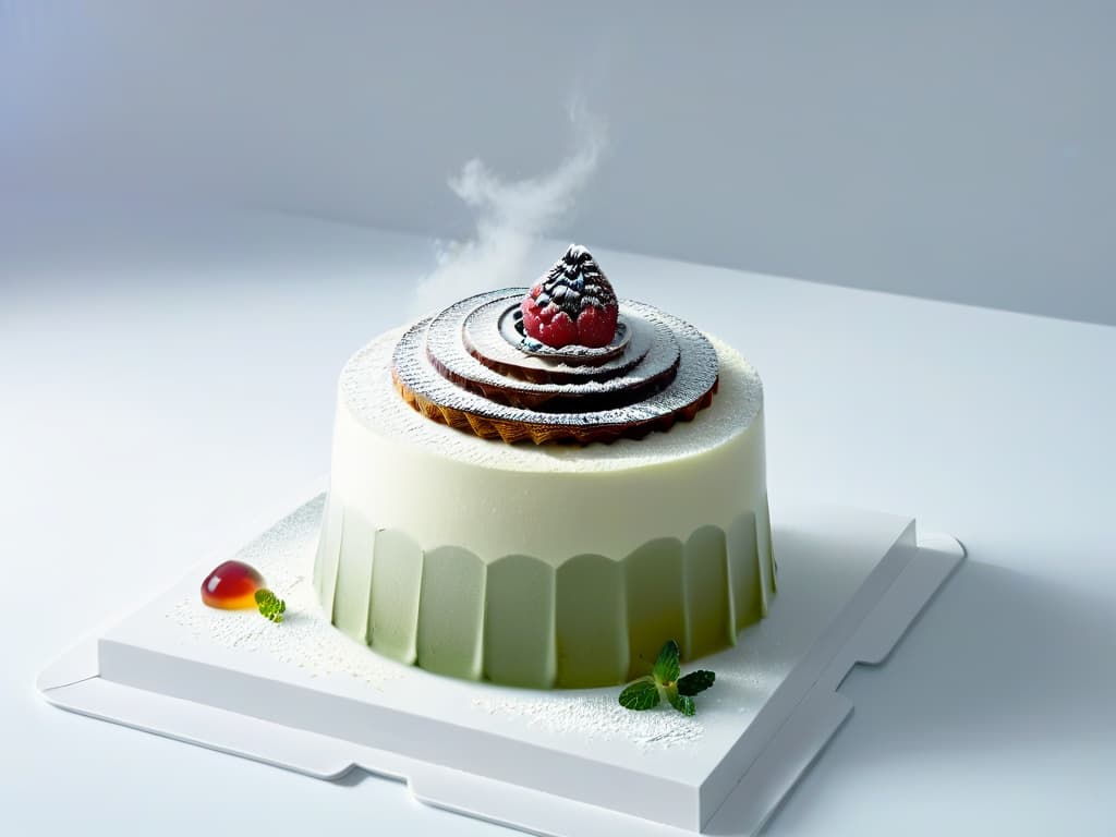  A highresolution, minimalist image of a perfectly preserved and elegantly presented dessert surrounded by a futuristic cooling mist, symbolizing the harmonious blend of advanced refrigeration technology and the art of dessert preservation. The dessert is intricately detailed, showcasing layers of delicate flavors and textures, while the subtle mist adds a touch of modernity and innovation to the scene. hyperrealistic, full body, detailed clothing, highly detailed, cinematic lighting, stunningly beautiful, intricate, sharp focus, f/1. 8, 85mm, (centered image composition), (professionally color graded), ((bright soft diffused light)), volumetric fog, trending on instagram, trending on tumblr, HDR 4K, 8K