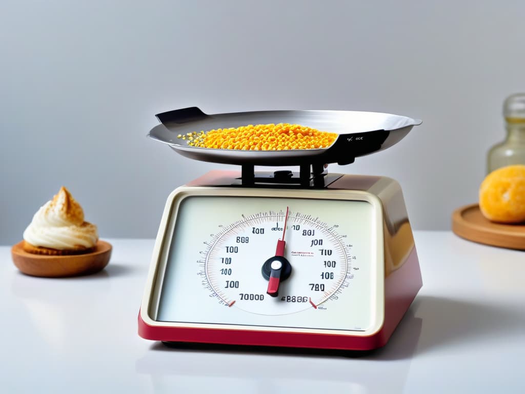  A minimalist illustration featuring a traditional vintage scale on one side, delicately balancing a sleek modern kitchen scale on the other side. The background is a soft gradient from warm hues to cool tones, symbolizing the harmonious blend of tradition and modernity in pastry making. The intricate details of the scales showcase precision and elegance, while the overall composition exudes a sense of balance and unity between the old and the new. hyperrealistic, full body, detailed clothing, highly detailed, cinematic lighting, stunningly beautiful, intricate, sharp focus, f/1. 8, 85mm, (centered image composition), (professionally color graded), ((bright soft diffused light)), volumetric fog, trending on instagram, trending on tumblr, HDR 4K, 8K