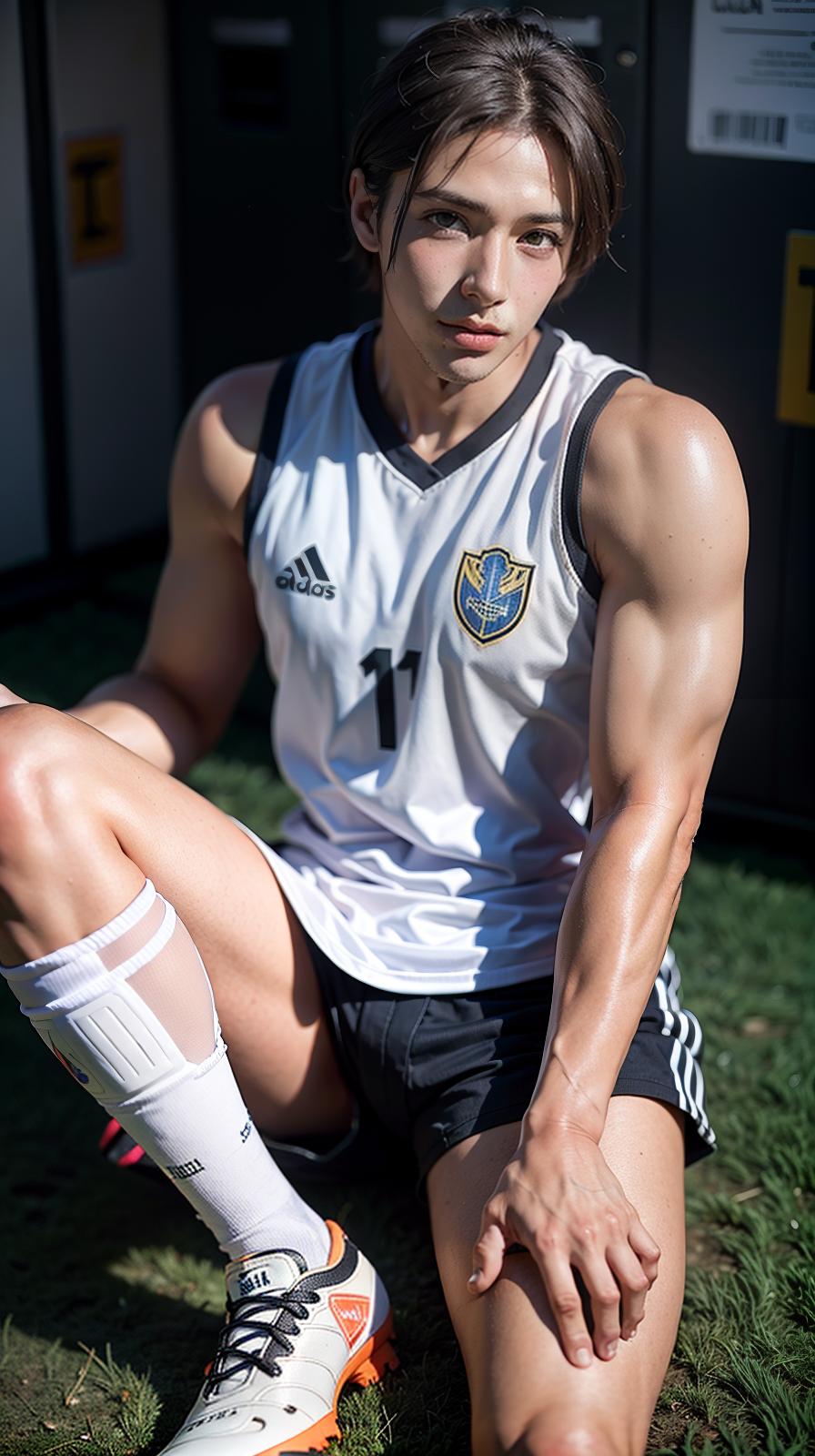  ultra high res, (photorealistic:1.4), raw photo, (realistic face), realistic eyes, (realistic skin), <lora:XXMix9_v20LoRa:0.8>, handsome, (male:2.5), (young soccer players:1.4), (pompadour:1.2), (white briefs:1.3), (sleeveless:1.2), spike shoes, (soccer shin guards:1.3), young, sitting posture, (spread legs:1.1), real skin, (sexy posing:1.3), hot guy, (muscular:1.3), naked, (bulge:1.1), trained calves, thigh, realistic, lifelike, high quality, photos taken with a single-lens reflex camera, (looking at the camera:1.2), (locker room:1.1)
