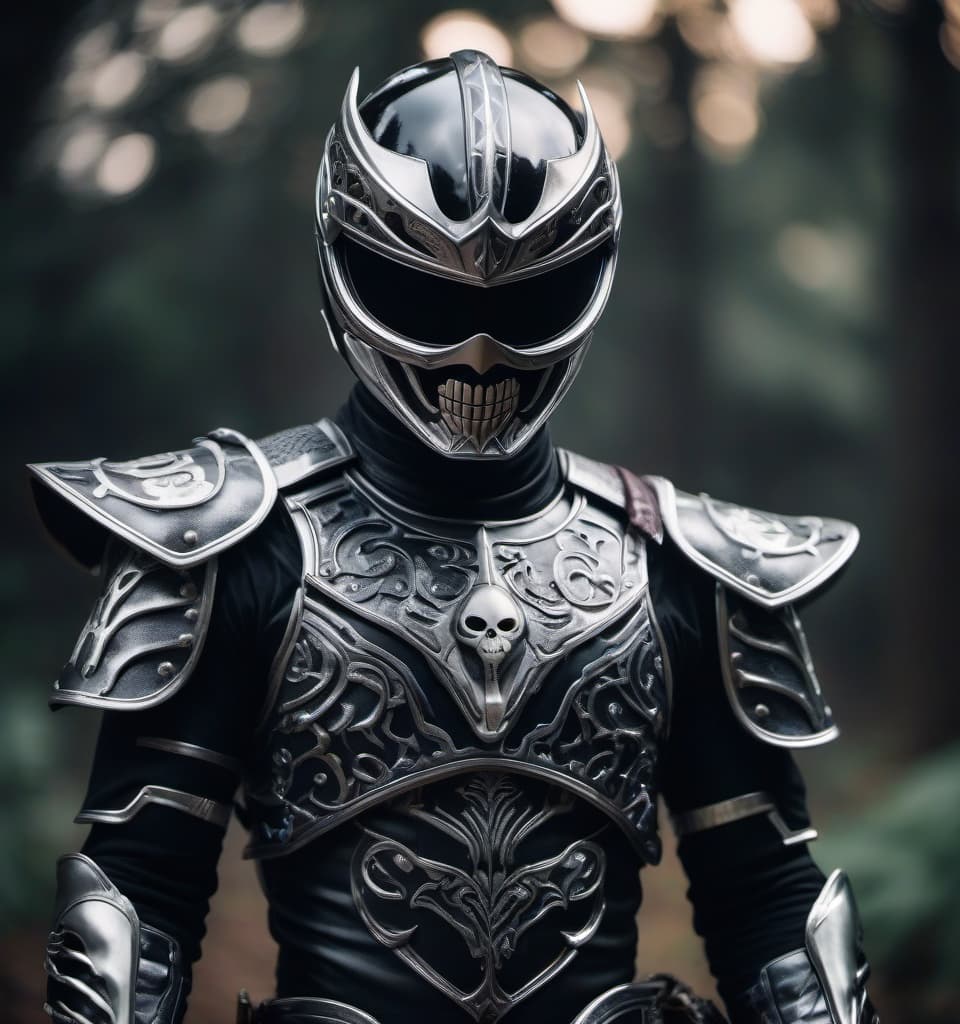  cinematic photo Black power ranger, black bone Semi Powered Infiltration armor with bone silver patterns. A full face Semi Powered Infiltration armor helmet in the shape of a skeleton skull with silver patterns. He stands with a black fantasy sword in his hands on a blurred background. In the style of dark fantasy. . 35mm photograph, film, bokeh, professional, 4k, highly detailed hyperrealistic, full body, detailed clothing, highly detailed, cinematic lighting, stunningly beautiful, intricate, sharp focus, f/1. 8, 85mm, (centered image composition), (professionally color graded), ((bright soft diffused light)), volumetric fog, trending on instagram, trending on tumblr, HDR 4K, 8K