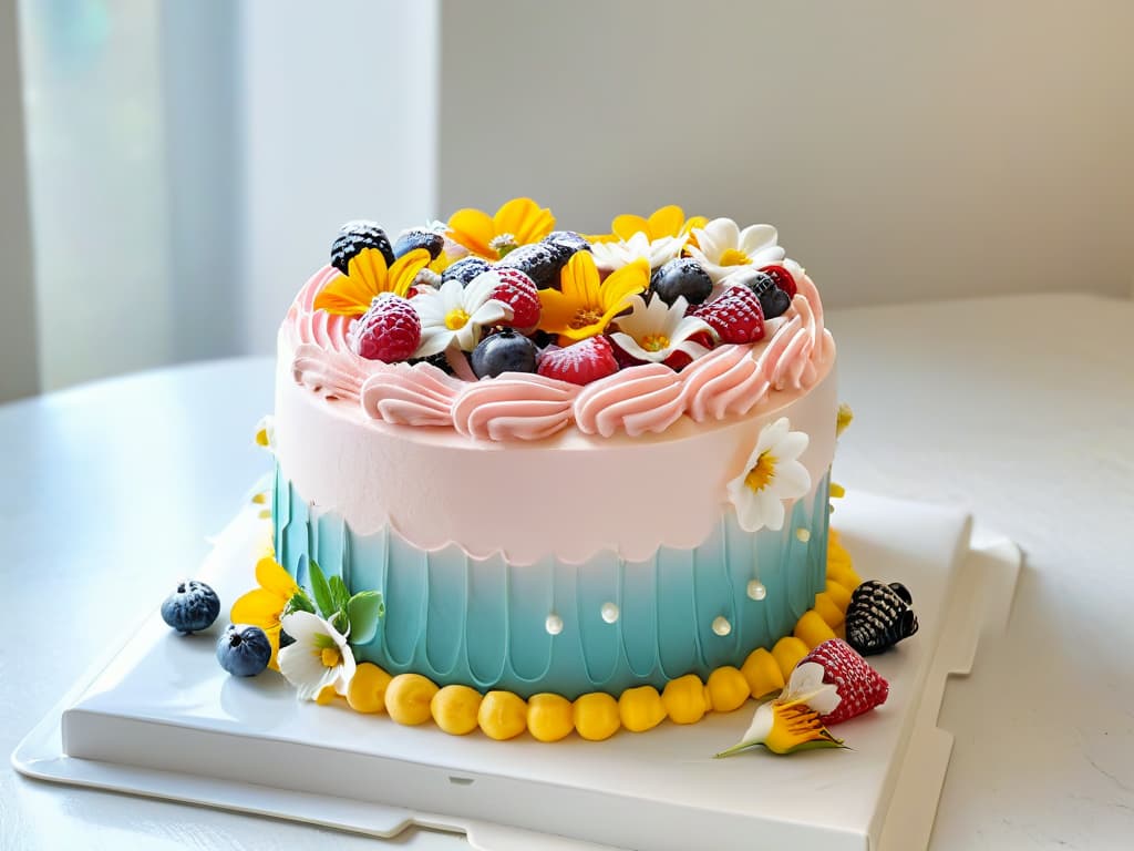  A photorealistic image of a beautifully decorated diabeticfriendly cake, featuring intricate piping work with vibrant sugarfree frosting in shades of pastel pink, teal, and lavender. The cake is adorned with fresh berries and delicate edible flowers, displayed on a pristine white cake stand against a softfocus background of a sunlit kitchen. The image conveys a sense of elegance and indulgence, appealing to readers interested in healthy diabetic baking options. hyperrealistic, full body, detailed clothing, highly detailed, cinematic lighting, stunningly beautiful, intricate, sharp focus, f/1. 8, 85mm, (centered image composition), (professionally color graded), ((bright soft diffused light)), volumetric fog, trending on instagram, trending on tumblr, HDR 4K, 8K