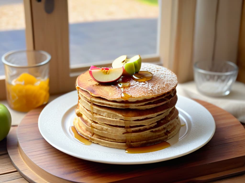  A closeup, ultradetailed image of a stack of freshly cooked oat and apple pancakes drizzled with honey, garnished with slices of fresh apple, a sprinkle of cinnamon, and a dusting of powdered sugar on a rustic wooden plate, set against a softfocused background of a cozy kitchen with natural light streaming in through a window, showcasing the texture and warmth of the pancakes in exquisite detail. hyperrealistic, full body, detailed clothing, highly detailed, cinematic lighting, stunningly beautiful, intricate, sharp focus, f/1. 8, 85mm, (centered image composition), (professionally color graded), ((bright soft diffused light)), volumetric fog, trending on instagram, trending on tumblr, HDR 4K, 8K