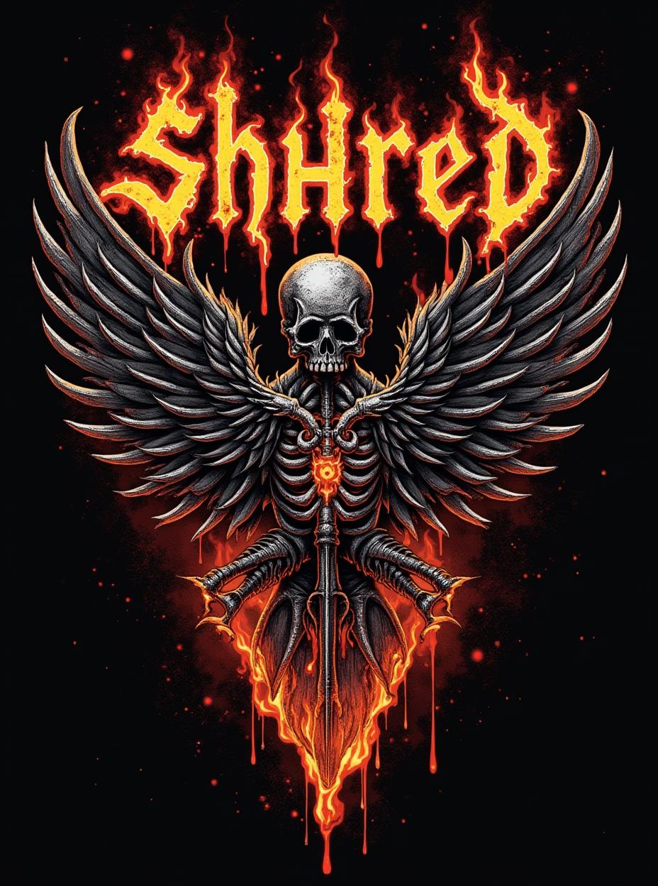  good quality, high quality, death metal shirt design. there are designs related to metal music. fire and abstract shapes. organs are strewn about. the letters "shred on top of the design