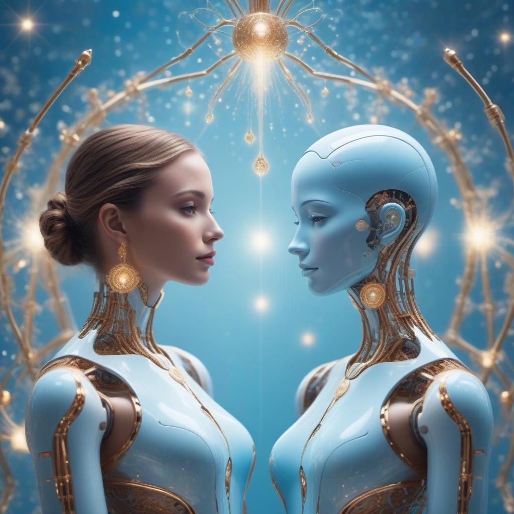  Two robots from luminous neurons are dancing, robots of the future, with the face of a girl, around a luminous fountain of light blue neurons, pink gold vonis.Art