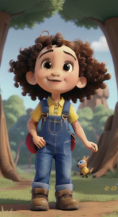  {Riley looking up at the tree with a big smile, animals surrounding them., Riley, a curious with big brown eyes and curly hair, wearing overalls and carrying a small backpack. Their friend, Skye, a bluebird with shiny feathers.