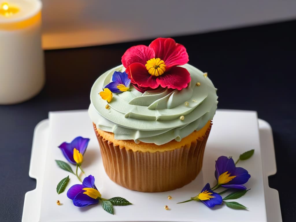  A closeup, ultradetailed image of a perfectly frosted cupcake adorned with delicate edible flowers and gold leaf, placed on a sleek, modern white plate against a black backdrop. The frosting is flawlessly smooth, with intricate piped details, showcasing expert precision and artistry in pastry decoration. The colors are vibrant and inviting, enticing the viewer with the promise of delectable flavors and exquisite craftsmanship. hyperrealistic, full body, detailed clothing, highly detailed, cinematic lighting, stunningly beautiful, intricate, sharp focus, f/1. 8, 85mm, (centered image composition), (professionally color graded), ((bright soft diffused light)), volumetric fog, trending on instagram, trending on tumblr, HDR 4K, 8K