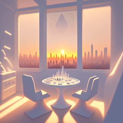 in OliDisco style Futuristic style. Deck of cards over white table. Sunset through a window with a city view. White and soft tones.