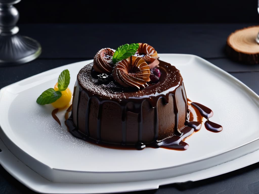  A closeup, highresolution image of a decadent chocolate lava cake drizzled with aged balsamic vinegar reduction, sitting on a sleek, modern white plate against a black background. The glossy chocolate exterior of the cake shines under the soft, ambient lighting, with the balsamic vinegar forming a delicate, artistic swirl on top, emphasizing the fusion of gourmet flavors in this elegant dessert. hyperrealistic, full body, detailed clothing, highly detailed, cinematic lighting, stunningly beautiful, intricate, sharp focus, f/1. 8, 85mm, (centered image composition), (professionally color graded), ((bright soft diffused light)), volumetric fog, trending on instagram, trending on tumblr, HDR 4K, 8K